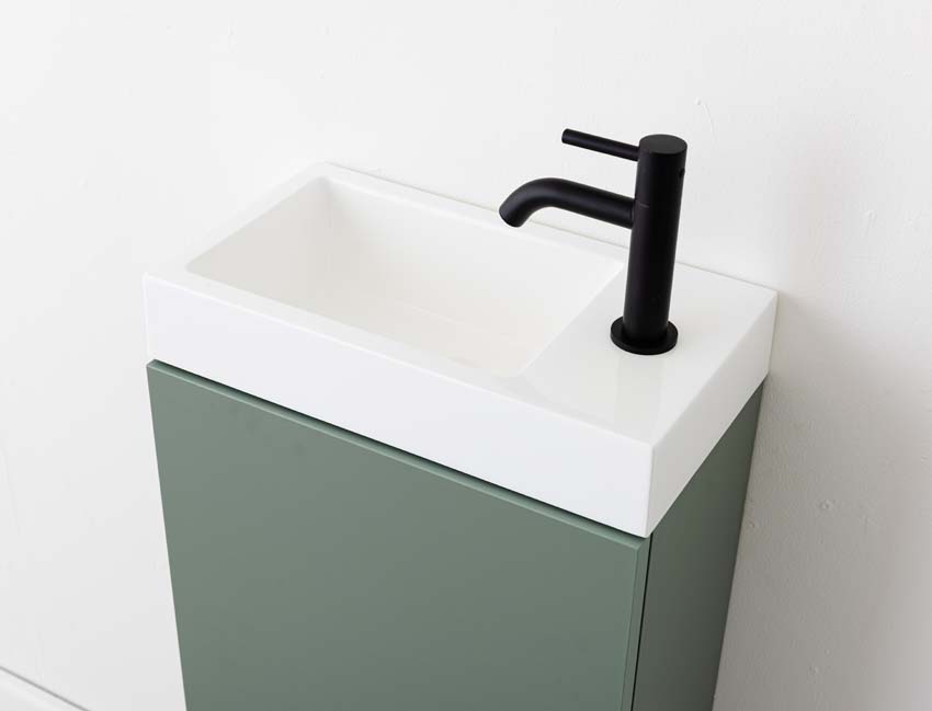 Meuble de toilette Dotan eucalyptus vert lavabo blanc brillant 45x40x2