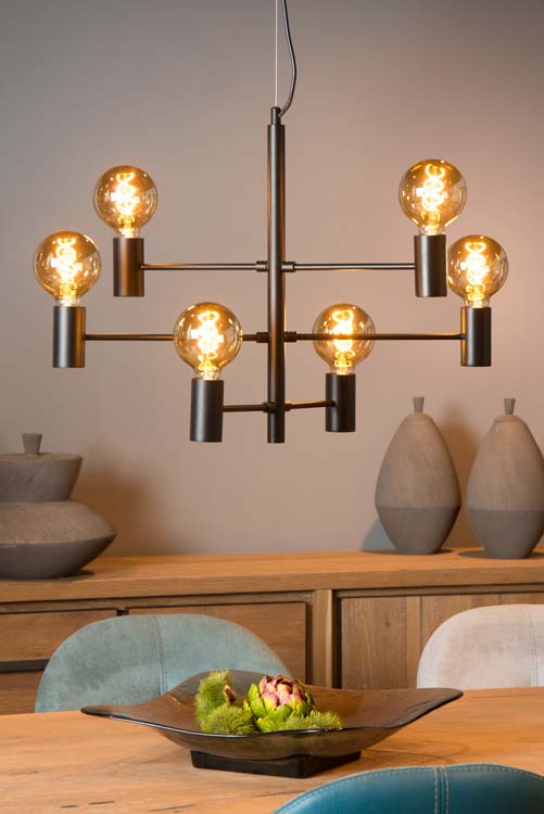 Hanglamp zwart 6 licht excl lamp LED mogelijk E27