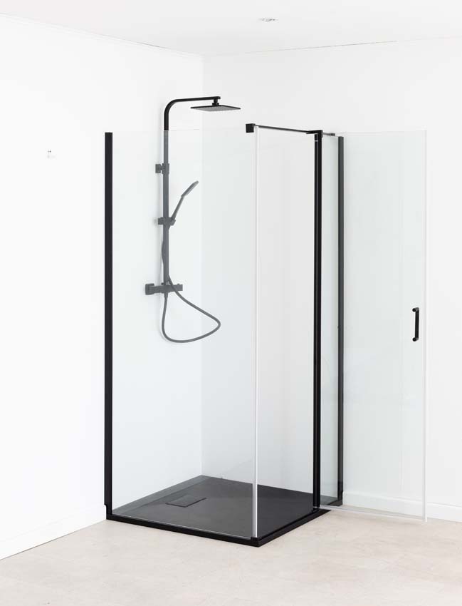 Douche en coin Alexia avec paroi fixe et porte pivotante noir mat 90x90x190cm