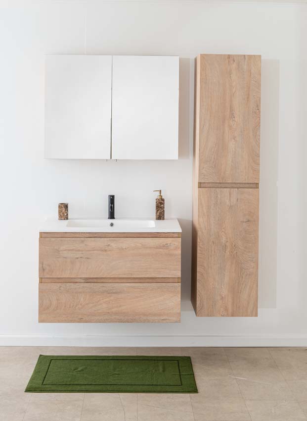 Meuble de salle de bain Tibo en chêne méditerranéen avec lavabo simple blanc mat 90cm