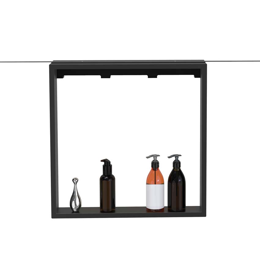 Etagère de douche noir mat 50x50x6,5cm avec 4 crochets