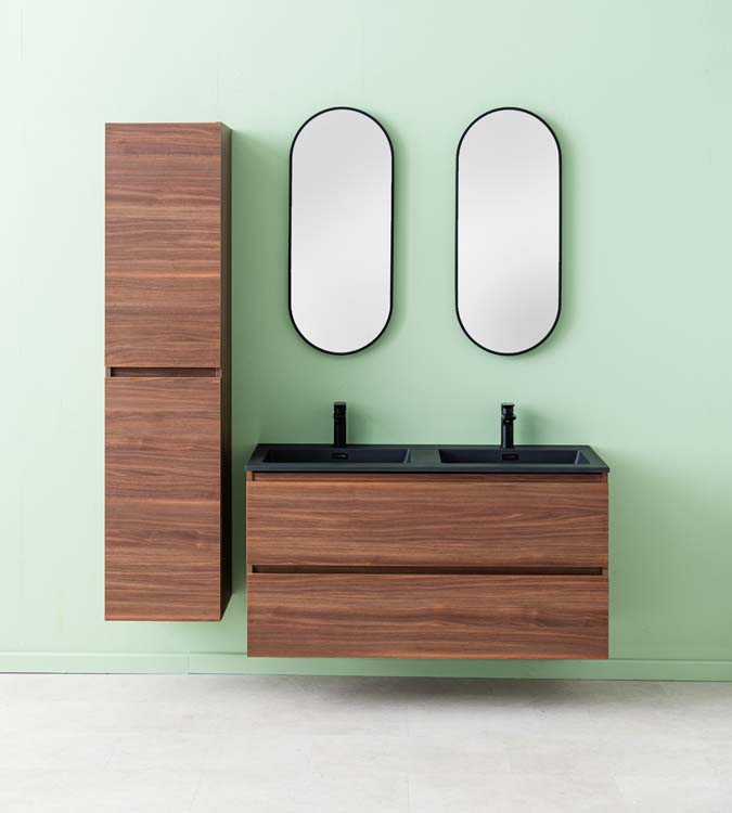 Meuble de salle de bains Dotan noyer suspendu avec lavabo double noir mat 120cm