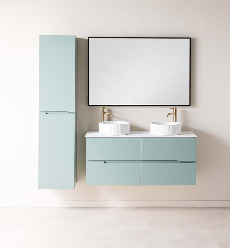 Meuble de salle de bains Truman vert gris suspendu avec double vasque à poser blanc mat 120cm Meuble de salle de bains Truman vert gris suspendu avec double vasque à poser blanc mat 120cm