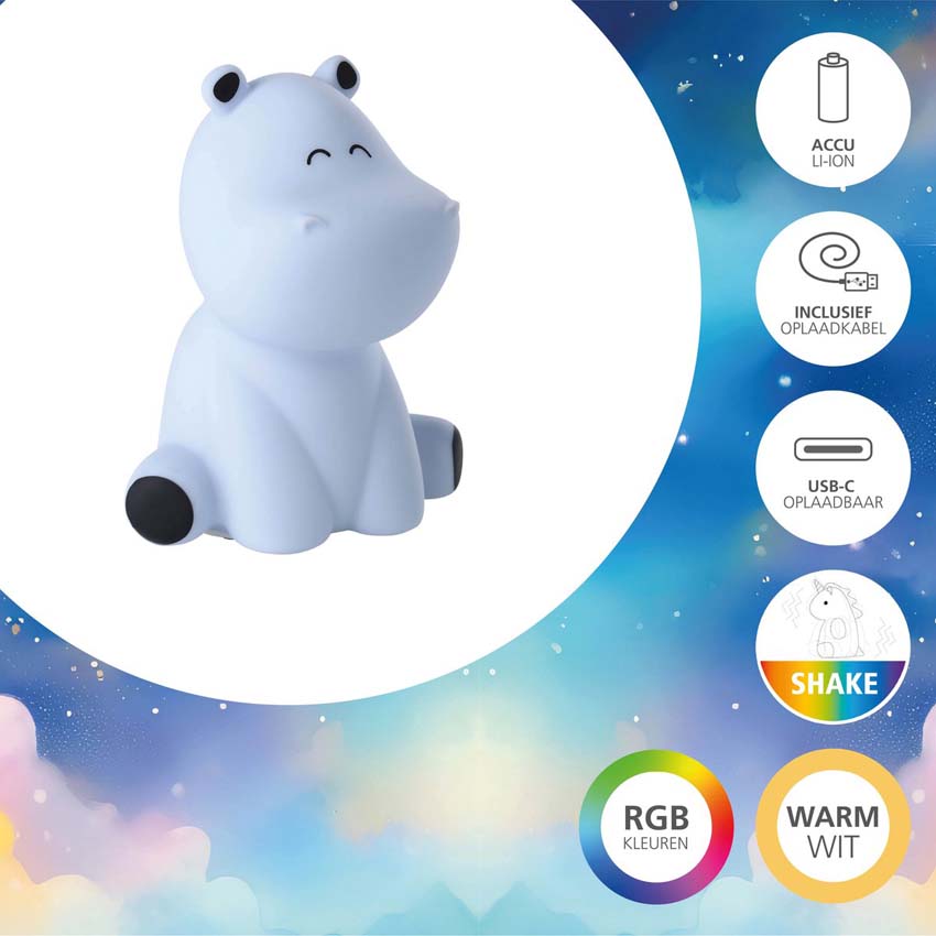 Lampe de table Hippopotame - Blanc - H15cm - Dimmable - LED - 1x5W - RGB/3000K - USB