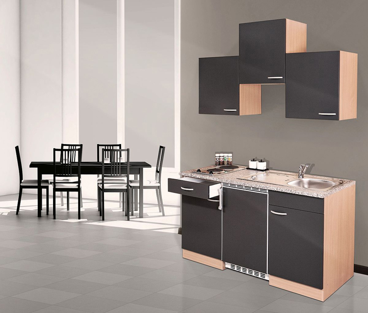 Keuken grijs/beuk 150cm - met inox kookplaat en koelkast met vriesvak