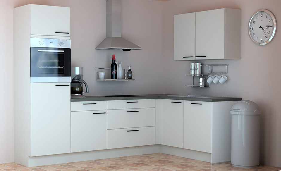 Cuisine d'angle Premium 13 blanche 275x185cm - pré-montée - avec appareils - plaque de cuisson vitrocéramique et hotte murale en inox