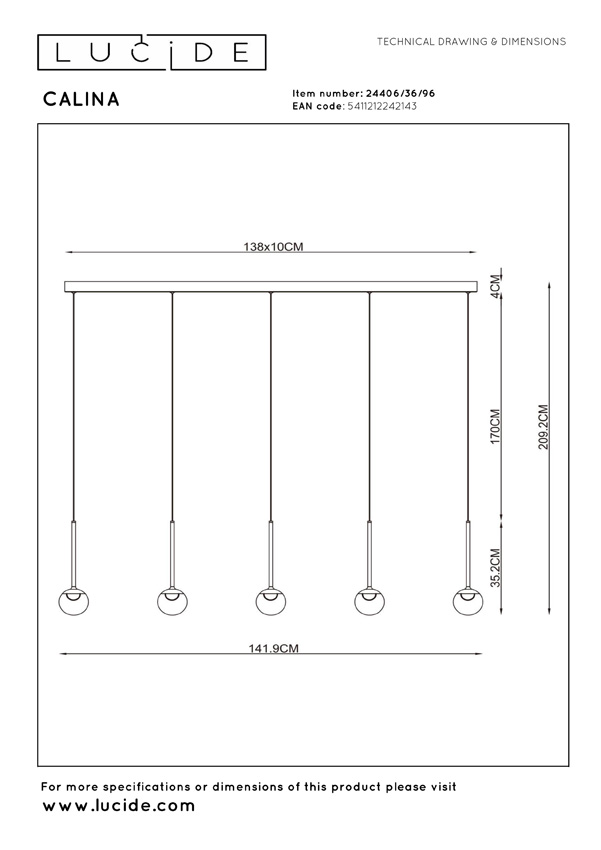 Lucide Premium Calina - Suspension - LED Dimmable - CCT - 5x8,2W - 2200K/3300K - Avec module LED remplaçable - Café