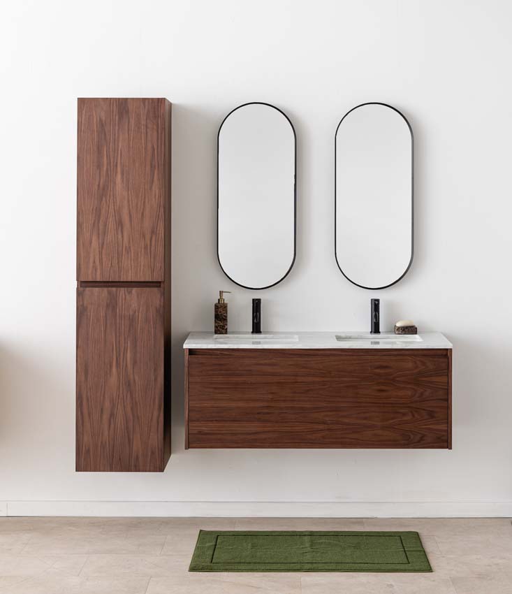 Meuble de salle de bains Falco noyer suspendu avec lavabo double effet marbre carrara 120cm