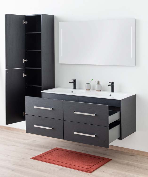 Badkamermeubel Plato zwart houtnerf 140cm - dubbel - glanzend - greep chroom