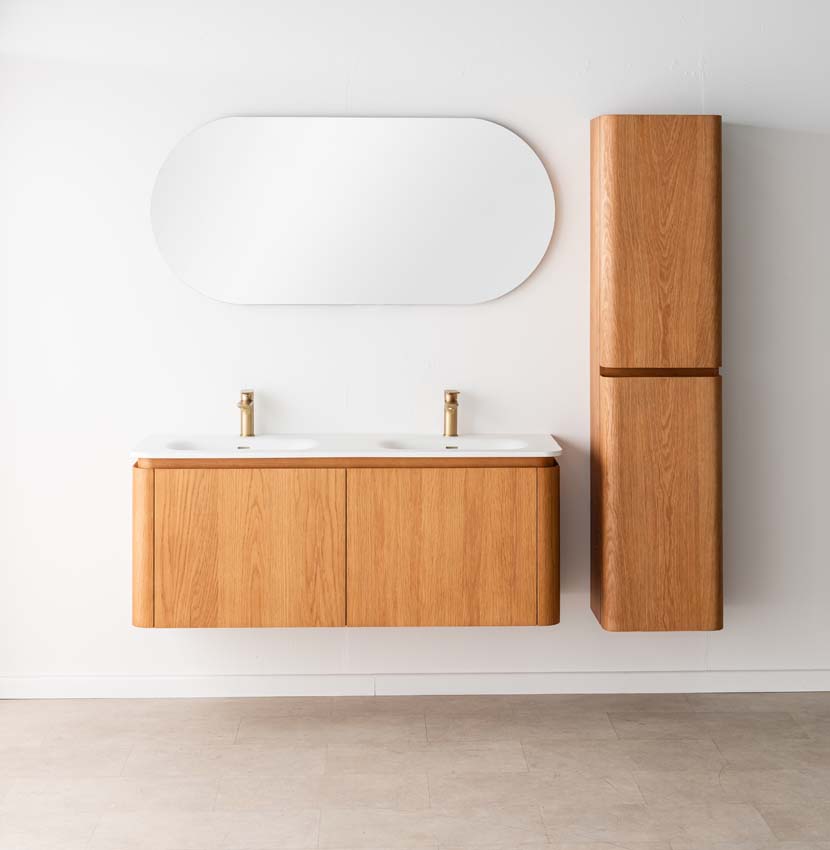 Badkamermeubel Floris eik hangend met dubbele wastafel mat wit 140cm Badkamermeubel Floris eik hangend met dubbele wastafel mat wit 140cm