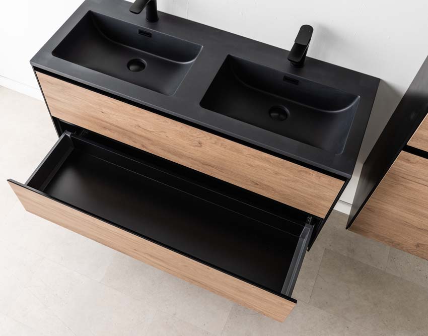 Meuble de salle de bains Molly chêne suspendu avec lavabo double noir mat 120cm