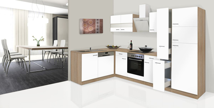 Hoekkeuken wit/eik 310x172cm - vitrokeramische kookplaat en witte wanddampkap - met toestellen