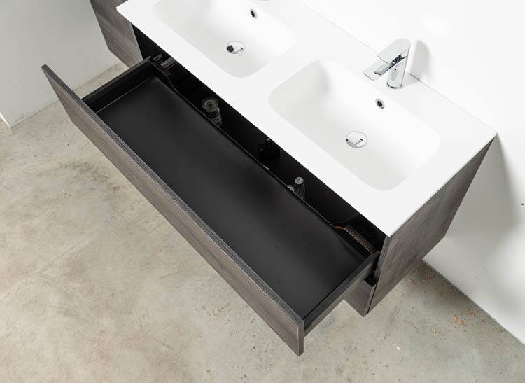 Meuble de salle de bains Dotan chêne foncé suspendu avec lavabo double en porcelaine blanc brillant 120cm