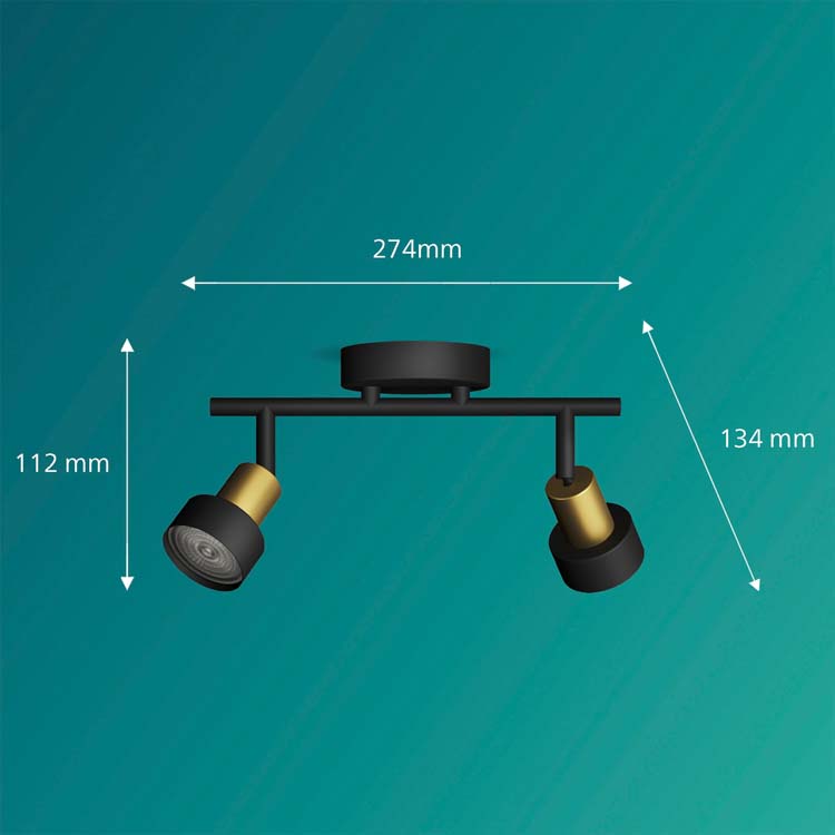 Opbouwspot - dimbaar - GU10 - 2x5W - excl lamp - zwart/goud