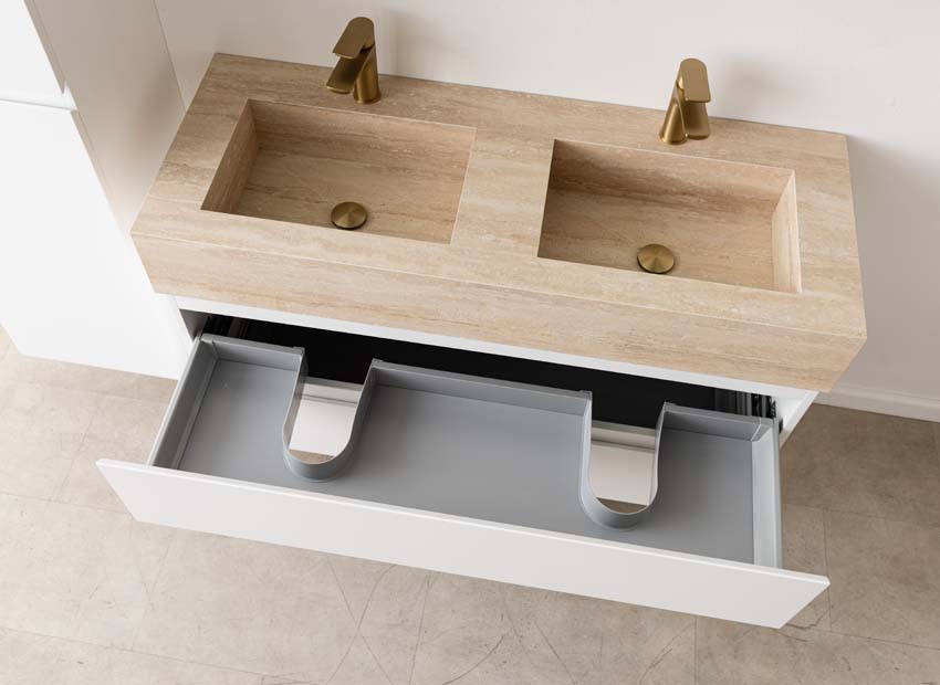 Meuble de salle de bain Tibo blanc avec double lavabo large en travertin 120cm
