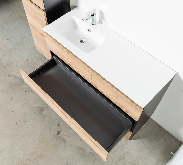 Badkamermeubel Dotan eik staand met enkele wastafel links glanzend wit 120cm
