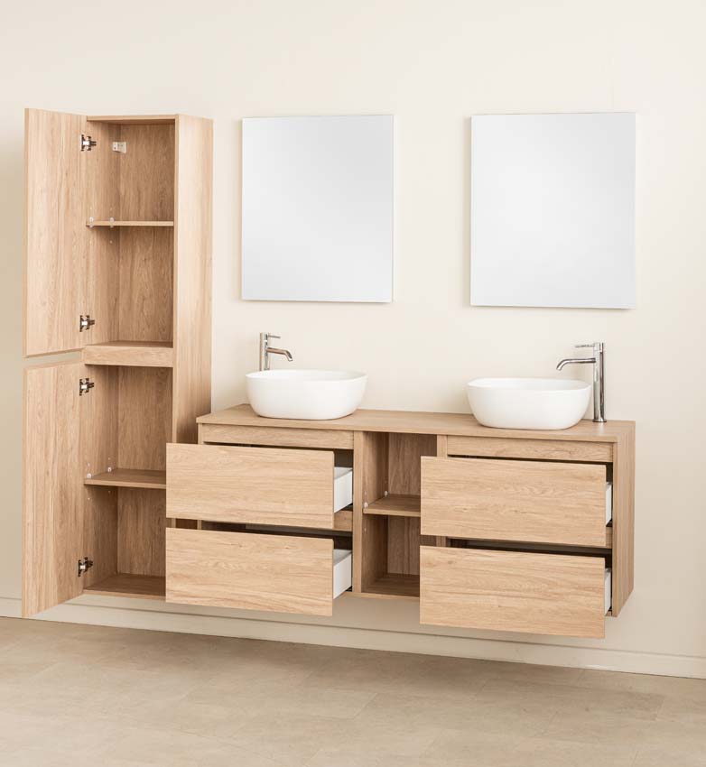Badkamermeubel Bella eik hangend met dubbele opbouwkom mat wit 150cm
