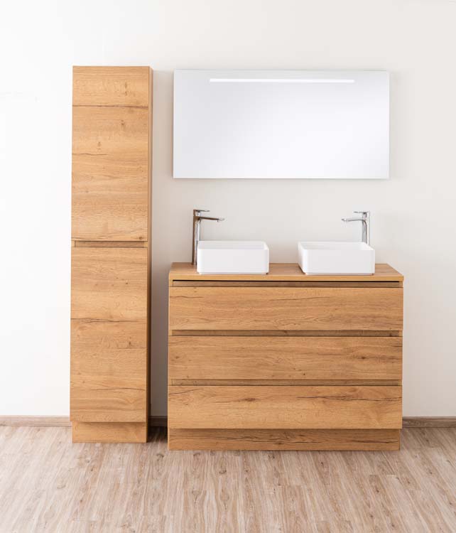 Meuble de salle de bains Daria chêne brun doré sur pied avec plateau en mélamine 120cm