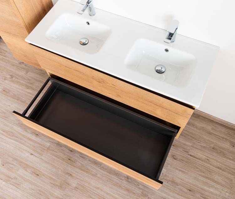 Meuble de salle de bain Daria chêne brun doré 1200 mm 2 lavabo porcelaine brillant
