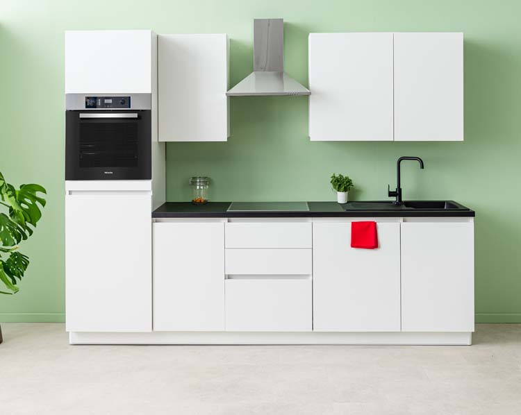 Keuken Plenti 280 cm - oven boven - lades - met toestellen - wit/zwart