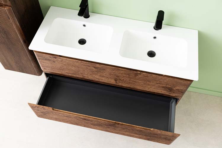 Meuble de salle de bains Jelte noyer suspendu avec lavabo double blanc brillant 120cm
