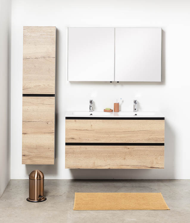 Badkamermeubel Dotan zwart/eik 1200 mm 2 wastafels porselein glans