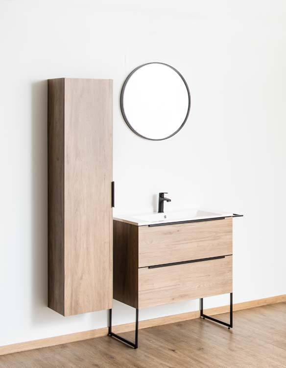 Badkamermeubel Mist houtlook staand met enkele wastafel glanzend wit 80cm