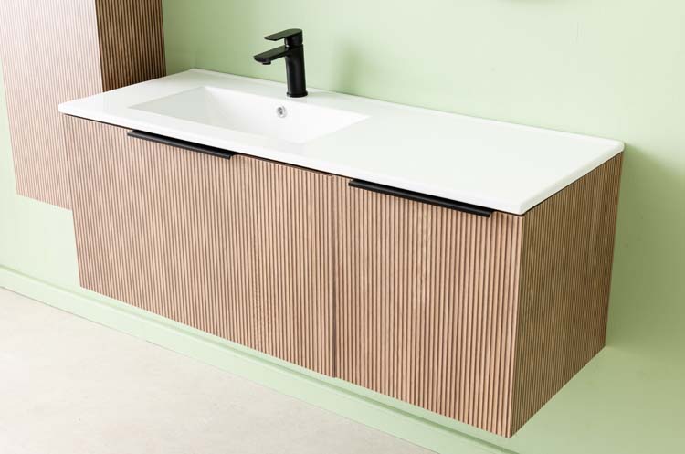 Meuble de salle de bains Nolan noyer suspendu avec lavabo simple à gauche blanc brillant 120cm
