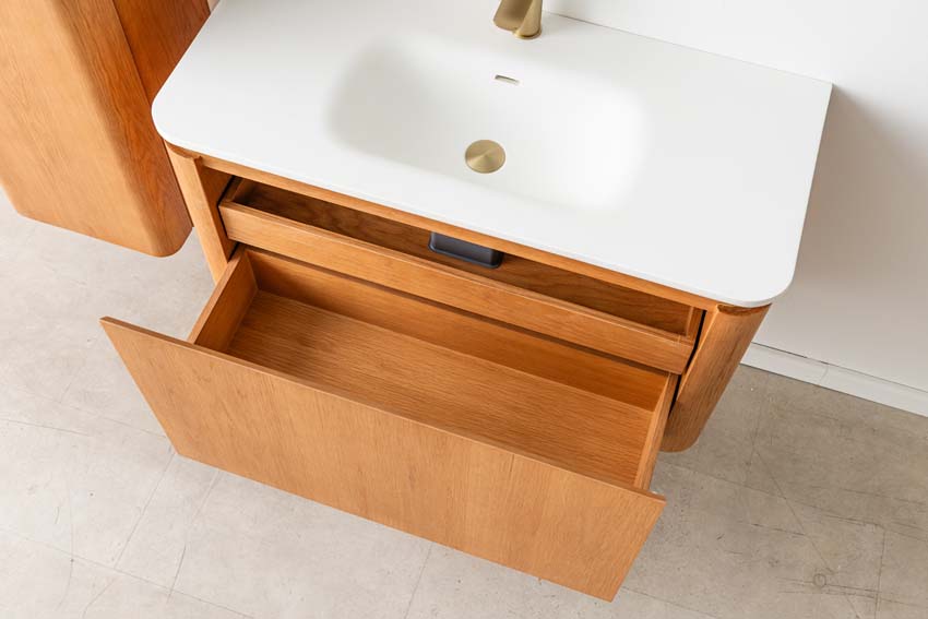 Badkamermeubel Floris eik hangend met enkele wastafel glanzend wit 100cm