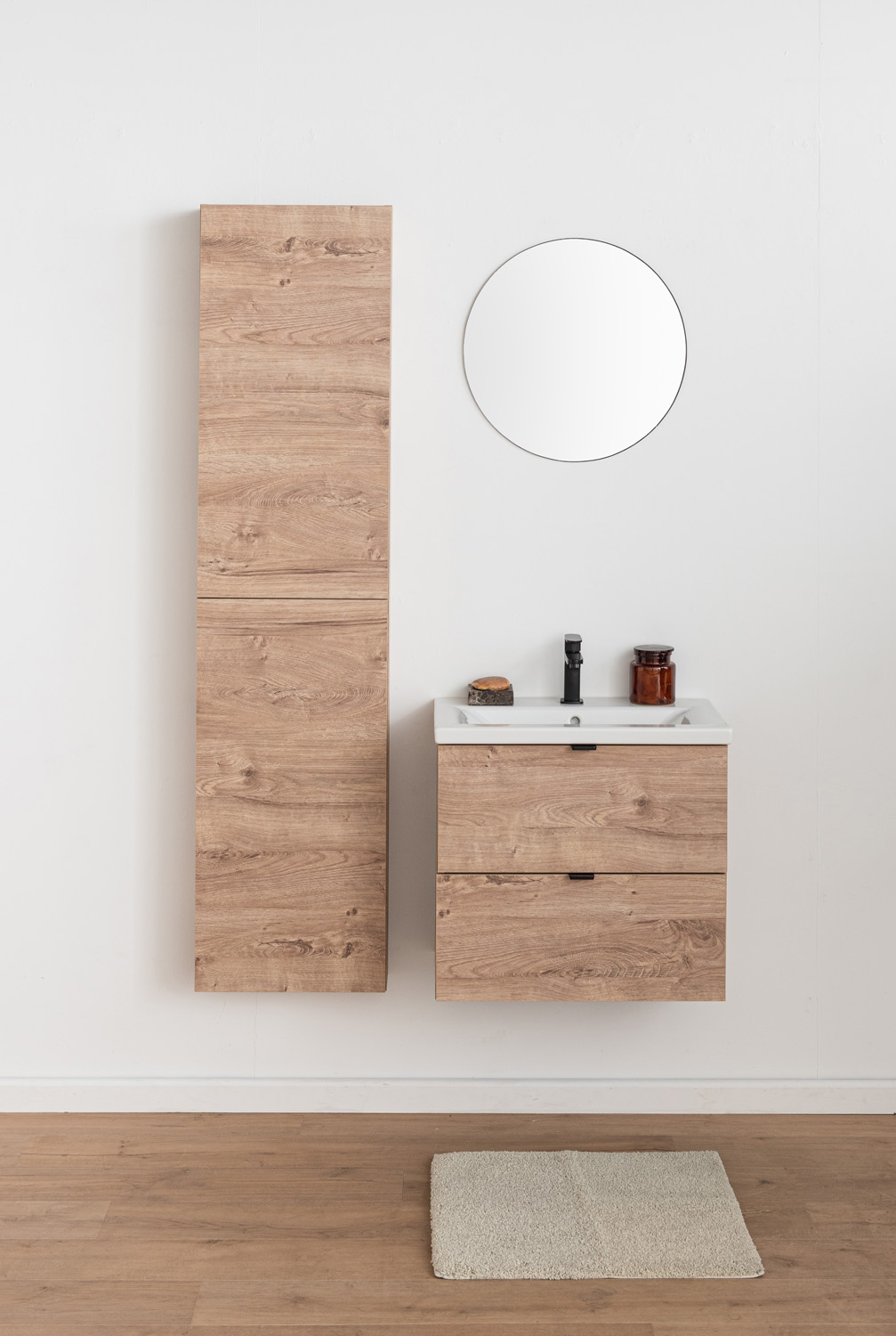 Badkamermeubel Raf honingeik hangend met enkele wastafel glanzend wit 60cm
