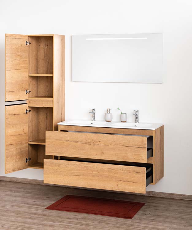 Meuble de salle de bain Daria chêne brun doré 1200 mm 2 lavabo mat