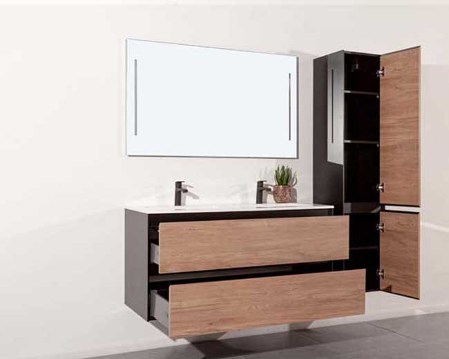 Badkamermeubel Molly houtlook hangend met dubbele wastafel mat wit 120cm