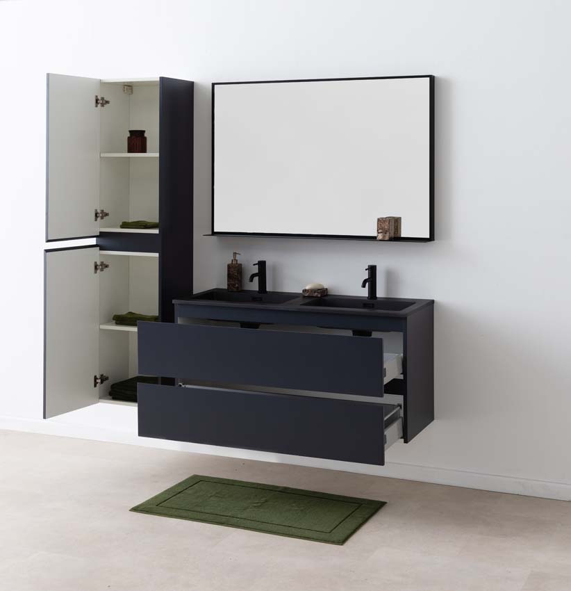 Meuble de salle de bain Tibo gris 1200 mm lavabo double noir mat