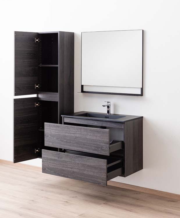 Badkamermeubel Dotan donkere eik hangend met enkele wastafel mat zwart 90cm