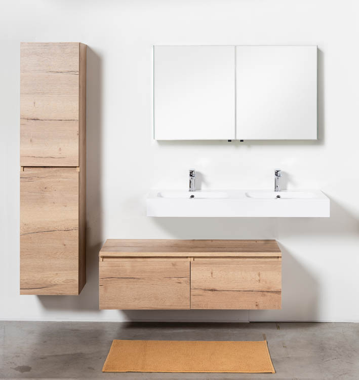 Meuble de salle de bains Domino aspect chêne suspendu avec lavabo double suspendu blanc brillant 120cm