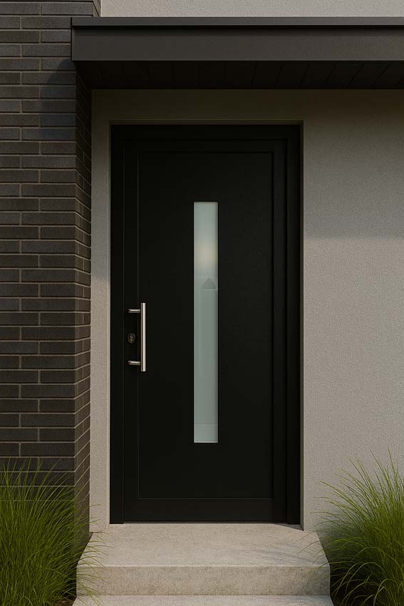 Porte extérieure vitre verticale PVC verre mat anthracite/blanc 980x2180mm ouvrant à gauche