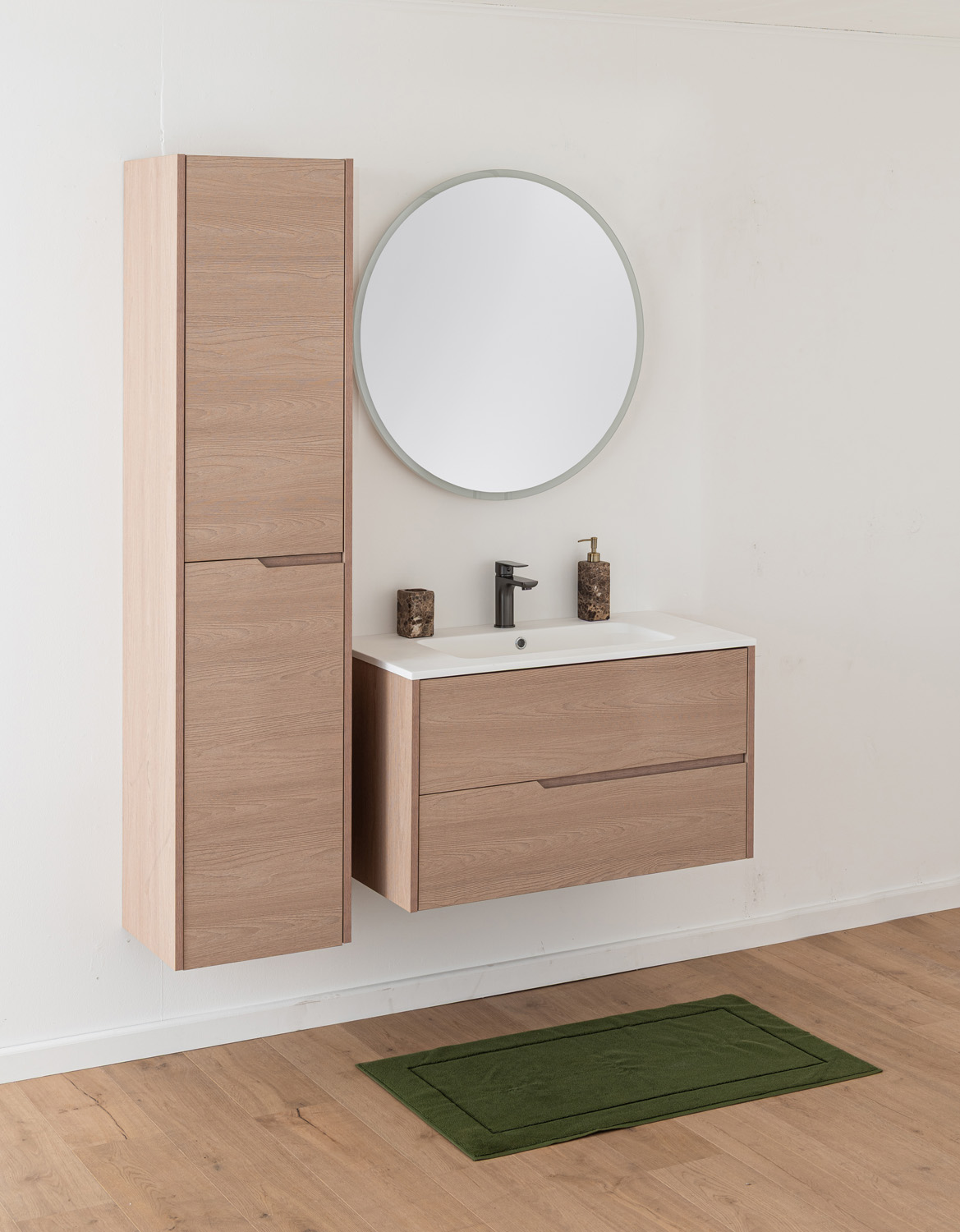 Meuble de salle de bains Tiago chêne Nordic suspendu avec vasque simple blanc brillant 90cm