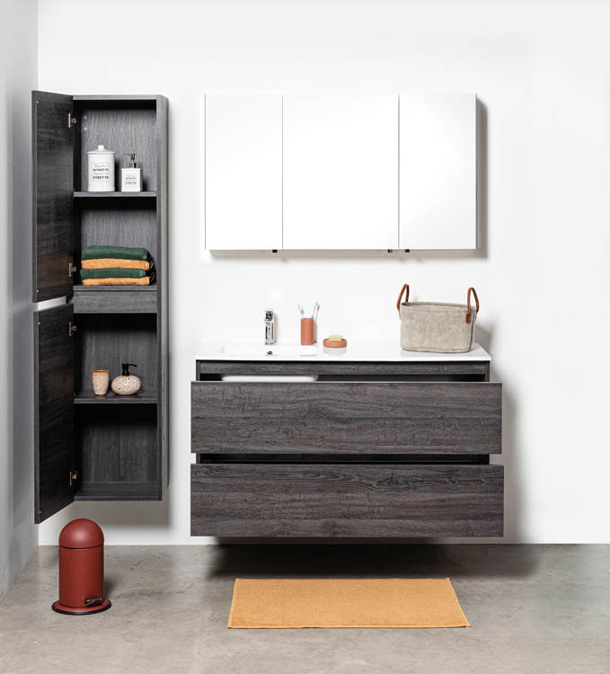Meuble de salle de bains Dotan chêne foncé suspendu avec lavabo simple blanc brillant à gauche 120cm