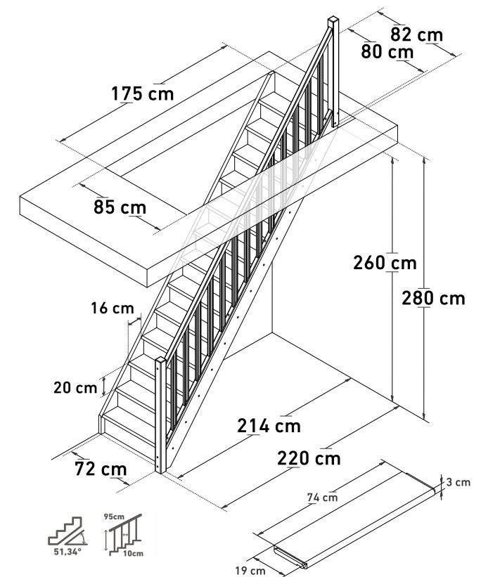 Escalier fermé hêtre Hamburg droit 280x80cm avec rampe