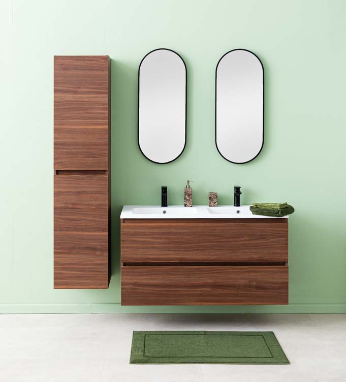 Meuble de salle de bains Dotan noyer suspendu avec lavabo double blanc mat 120cm