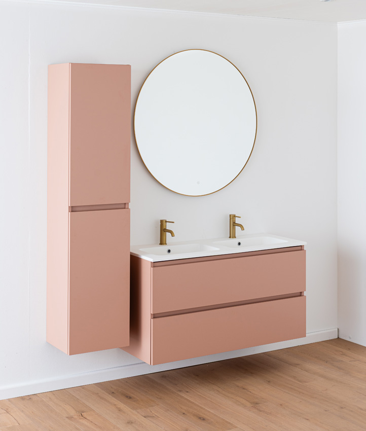 Meuble de salle de bains Dotan abricot suspendu avec double lavabo blanc mat 120cm
