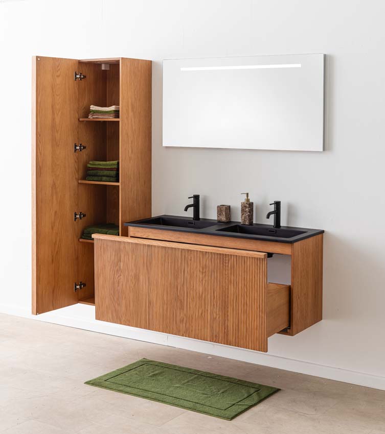Badkamermeubel Fae eik hangend met dubbele wastafel mat zwart 120cm