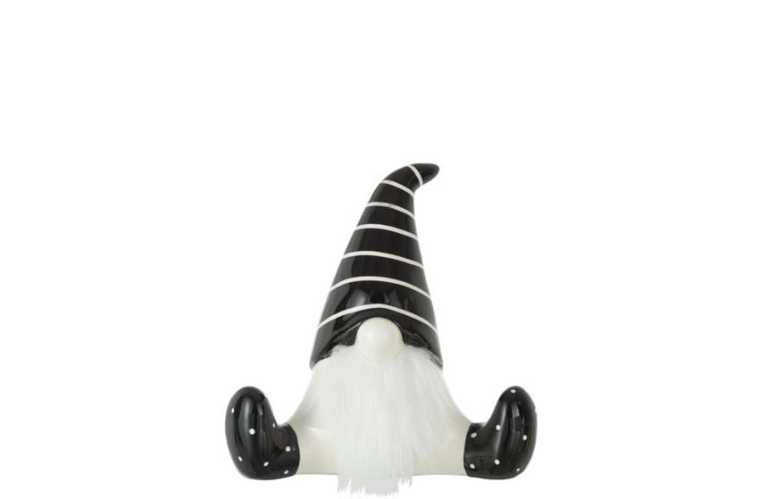 Beeld kerstman zittend + muts strepen zwart/wit 13x11x26cm