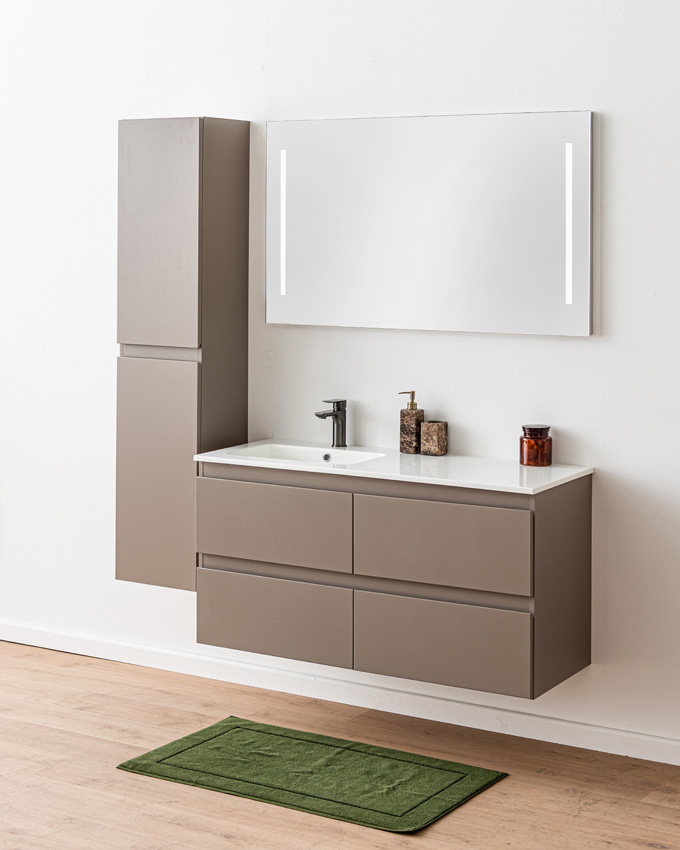 Badkamermeubel Trente taupe met enkele wastafel glanzend wit 120cm