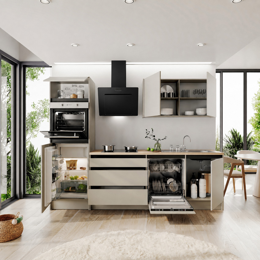Keuken Berlin kasjmier 273cm - met toestellen - vitrokeramische kookplaat en zwarte wanddampkap