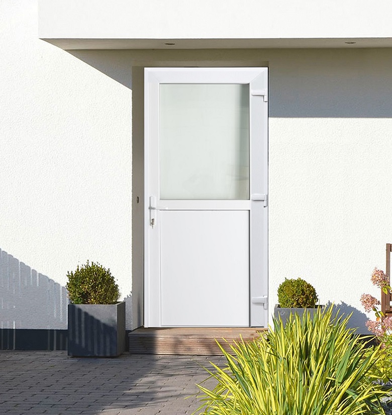 Buitendeur halfglas PVC helder glas wit 980x2180mm rechtstrekkend naar buiten opendraaiend