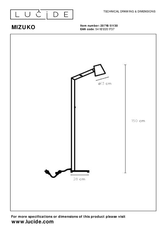 Lucide MIZUKO - Lampadaire / lampe de lecture - Ø 13 cm - E14 - Noir
