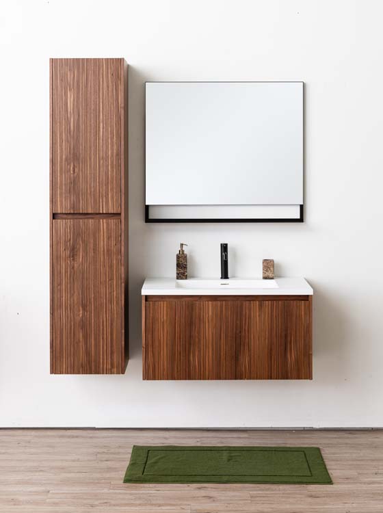 Meuble de salle de bains Warren noyer suspendu avec lavabo simple blanc mat 90cm