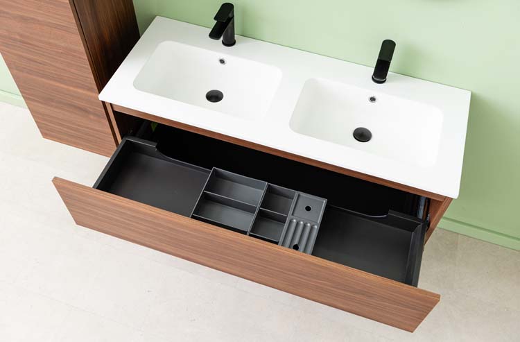 Meuble de salle de bains Dotan noyer suspendu avec lavabo double blanc mat 120cm