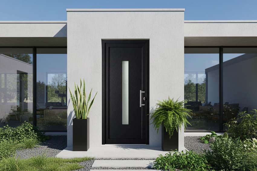 Porte extérieure vitre verticale PVC anthracite/blanc ouvrant à droite sur mesure